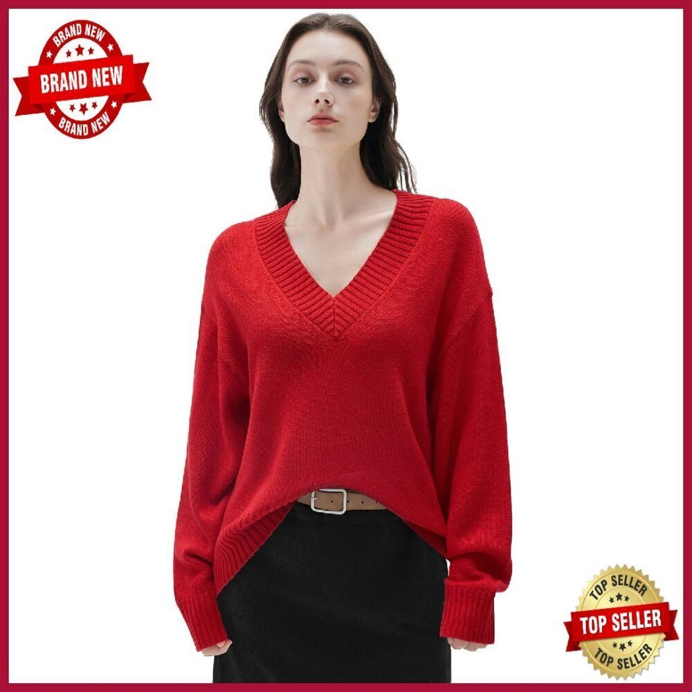 Cashmere Blend Oversized V Neck Pullover Sweater Women's Size M